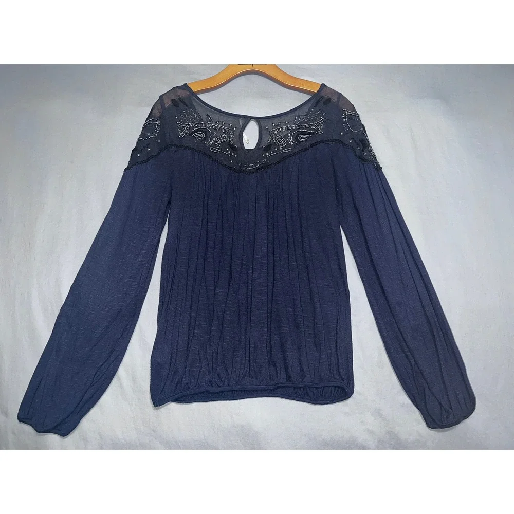 Free People Navy Blue Beaded Sequin Mesh Yoke Long Sleeve Flowy Blouse XS Boho